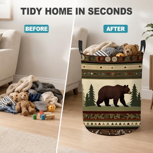 Laundry Hamper,Rustic Bear Forest Collapsible Laundry Basket with Handles,Lodge Cabin Waterproof Oxford Cloth Clothes Organizer for Bedroom Bathroom Dorm Nursery,16 x 20 Inch - Image 4
