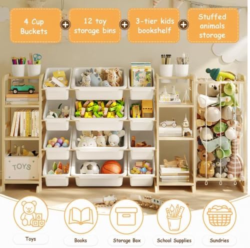 4-in-1 Toy Storage Organizer with 2 Bookshelf, 1 Stuffed Animal Storage and 12 Plastic Bins - Toys Organizer for Kids Room - Wooden Toy Rack for Playroom, Bedroom, Nursery Decor - Image 3