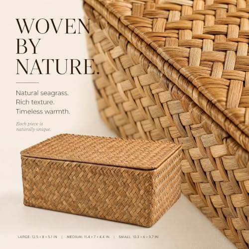 Decorative Wicker Storage Boxes with Lids - Set of 3 Seagrass Organizers - Image 6