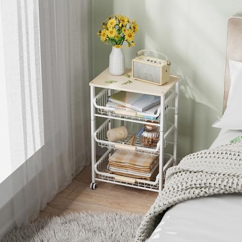 NiuYichee 4-Layer Fruit Basket Kitchen Food Storage Organizer and Storage Rack, Stackable Storage cart with Desktop, Pull-Out Hollow Metal Storage Basket, liding Out Storage,White - Image 2