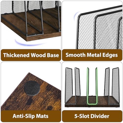 LEKETREE Desk File Organizer, 5-Section Upright File Sorter, Vertical File Folder Holder, Mesh Metal Wood Office Desktop Organization for Document, Magazine, Books and more (Wood and Black) - Image 5