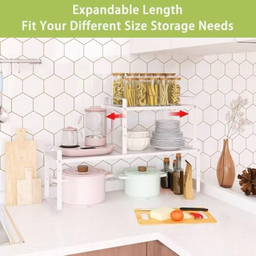 Across-Star Expandable Cabinet Shelf Organizer Rack, Stackable Kitchen Counter Storage Shelves Stand, Adjustable Height Pantry Shelf Spice Rack (White, 2 Pack) - Image 3
