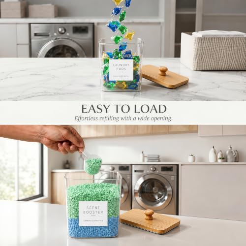 6 Pack Laundry Pods Container, Clear Laundry Room Organization Containers,Large Detergent Powder Storage, Black Wooden Lids & Labels and Scoops for Scent Booster, Powder, Pods - Image 6