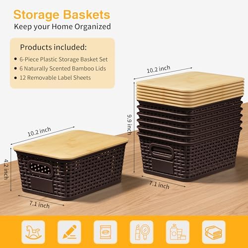 6 Pack Plastic Storage Baskets,Brown bamboo lid storage Box - Image 3