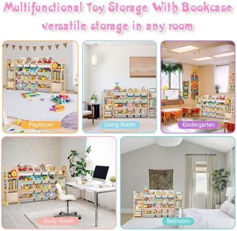 Kids Toy Storage Organizer with Bookshelf – Wooden Shelf with 16 Bins & 6 Shelves, Quick Assembly Storage Rack for Playroom, Bedroom, Nursery – Colorful - Image 7