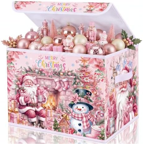 Briwooody Pink Christmas Storage Bin with Lid and Carrying Handle Pink Santa Claus Foldable Storage Box Large Snowman Collapsible Container Basket for Organizing Closet Home Bedroom Xmas Gift by Briwooody