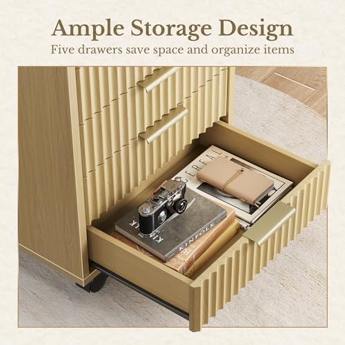5 Drawer Chest, Under Desk Storage Wood Drawers with Wheels,Fluted File Cabinet for Home Office, Natural Walnut - Image 4