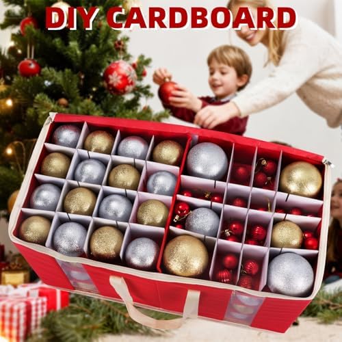 inin Christmas Ornament Storage Box with Adjustable Dividers,Christmas Ornaments Organizer with Zipper,Storage Container Bin with Side Pockets for Holiday Decorations(128 Ball, Red, without Tray) - Image 7