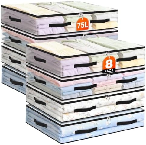 8 Pack Under Bed Storage Bags, 75L Foldable Clear Containers with Handles by Unknown