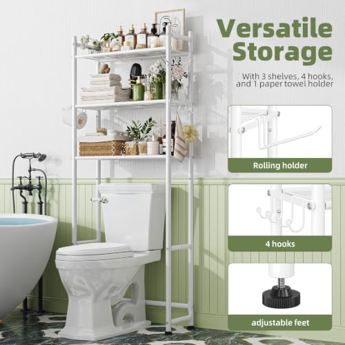 Simple Trending 3-Tier Over Toilet Storage Rack with Paper Holder & Hooks - Image 4