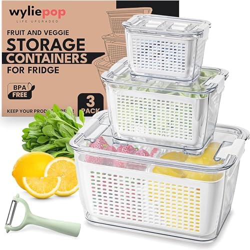 Premium Fruit Storage Containers for Fridge with Veggie Peeler – 3-in-1 Produce Containers for Fridge with Strainer & Removable Colander – Large, Clear Fruit and Vegetable Storage Organizer (Set of 3) by Wyliepop