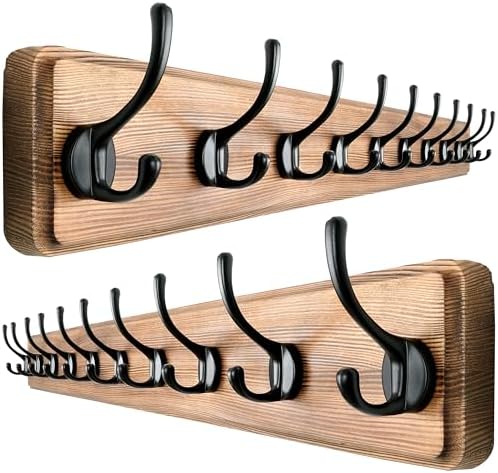 Dseap Wall Mounted Coat Rack: 38-1/4" Long, Patented, Heavy-Duty, 10-Double-Hooks Wooden Hanger Rail for Winter Coats, Hats, Jackets, Clothing - Natural & Black, Pack of 2 by Dseap