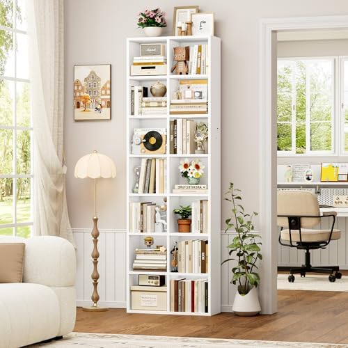 FOTOSOK Bookshelf Bookcase 7-Tier White Bookshelf Tall CD Media Tower Rack - Image 4