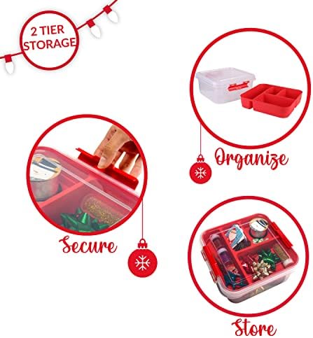 Simplify 5 Compartment Gift Supply Storage Box 2 Tier Box | Red Clear Top Lid | Dimensions: 9.5"x 9.5"x 4.5" Snap Handle Storage Wrapping Accessories (Pack of 12) - Image 4