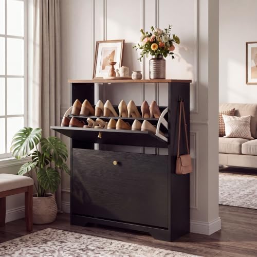 Nicetree 2 Flip‑Drawer Shoe Cabinet,Walnut Top,9.5" Deep, Light Black by Nicetree