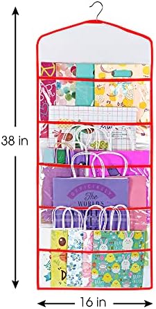 Gift Bag and Tissue Paper Storage, Hanging Organizer with Multiple Front and Back Pockets Double Sided, Organize Gift Wrap and Paper Bags 38 x 16 Inch (Red) - Image 3