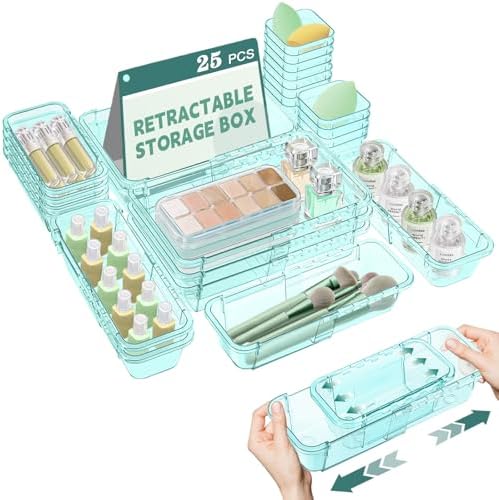 25 Pcs Clear Drawer Organizer, Adjustable Drawer Storage Box, 3-Size Desk Drawer Organizer, Acrylic Storage Bins for Makeup, Kitchen Utensils, Bedroom Dressers Tool Organizer for Gadgets, Blue by Hiitytin