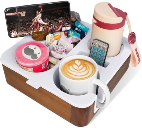 Couch Cup Holder Tray, Real Acacia Wooden Caddy with Soft Silicone, Snack and Drink Organizer- Perfect Movie Night Accessories for Bed, Remote and Cup Holders for Sofa (White) by CouchBuddy