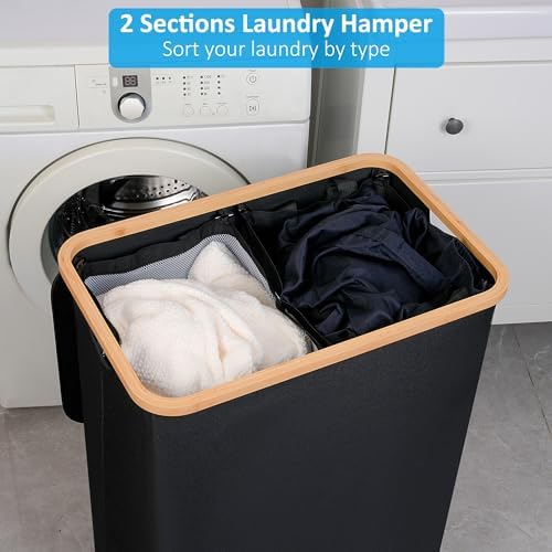 efluky Double Laundry Hamper with Lid and Removable Bags, 160L Black - Image 3