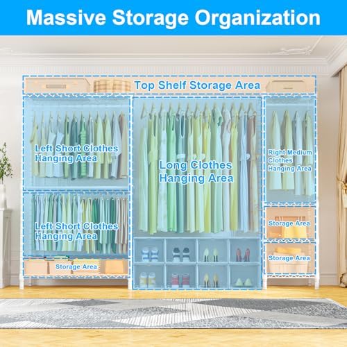 Ulif E10 Clothes Rack（With Stretchable Hanger Rod）Freestanding Clothing Racks for Hanging Clothes，Adjustable Closet Organizer System，Portable Garment Rack 73-97"W x 15" D x 72" H，Max Load 800LBS，White - Image 3