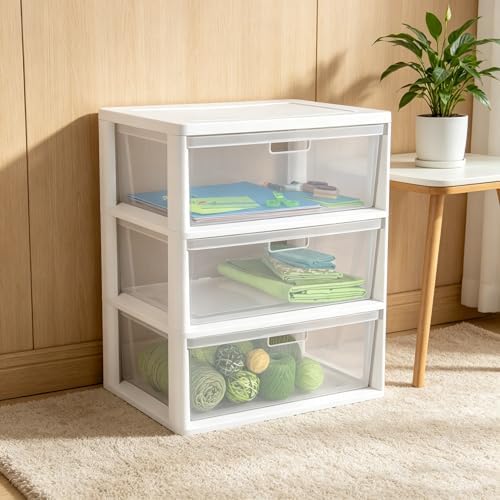 Wide 3-Drawer Organizer Tower, Plastic Storage Unit with Removable Clear Bins, Tool-Free Easy Assembly, White - Image 6