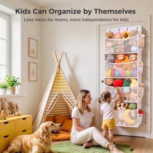 Over Door Stuffed Animal Storage Organizer Large Plush Toy Holder with Mesh Window White - Image 5