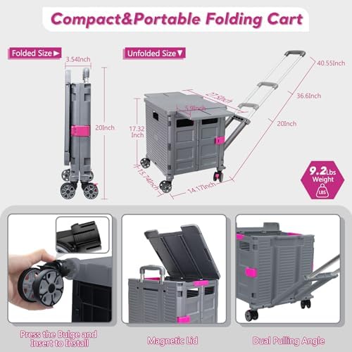 Foldable Utility Cart Rolling Crate Handcart Shopping Cart with Rotate Wheels Extended Magnetic Lid Telescoping Handle Adjustable Angle for Transports Groceries Office Teacher File(Gray) - Image 4