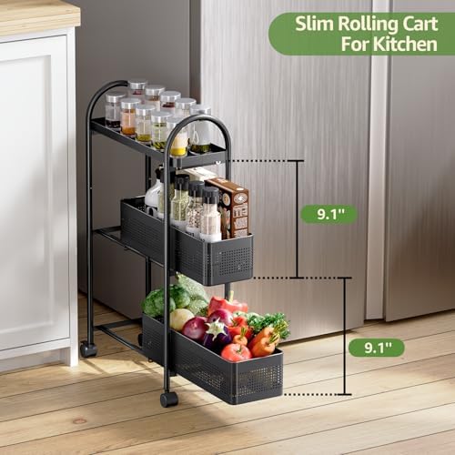 KINGRACK 3 Tier Slim Rolling Cart with Drawer, Metal Utility Storage Cart - Image 2