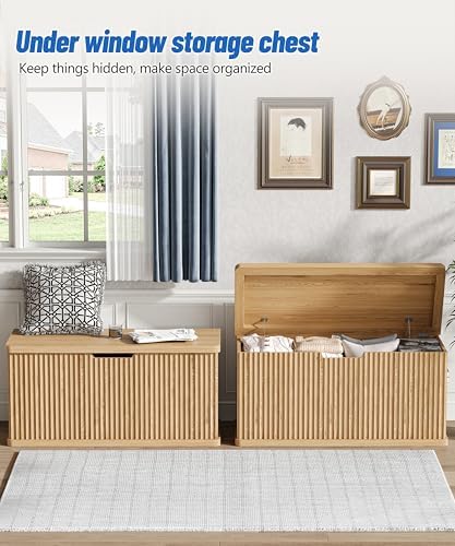 Akxomel 37.4" Fluted Storage Chest Wooden Storage Trunk 2 Safety Hinges Oak - Image 3