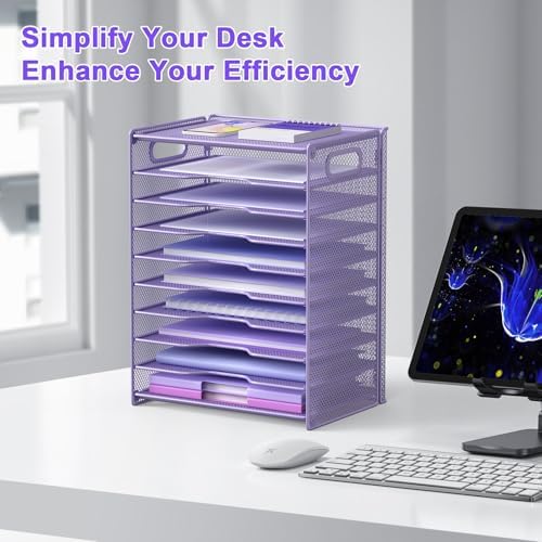 OUTWOLF 10 Tier Paper Organizer - Letter Tray Mesh Desk File Organizer with Handles for Office School Desktop, Purple - Image 6