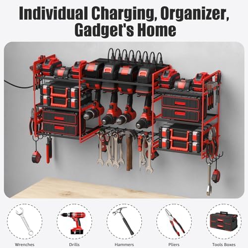 CCCEI Red Power Tool Organizer Wall Mount, Large Tools and Battery Storage Rack Charging Station Individual Switches. Drills Holder, Garage Utility Shelves with 6FT Power Strip. Gift for Men. - Image 7