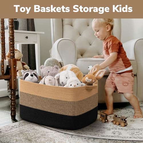 Goodpick 75L Large Woven Blanket Basket, 22" x 17" x 12", Black & Jute - Image 4