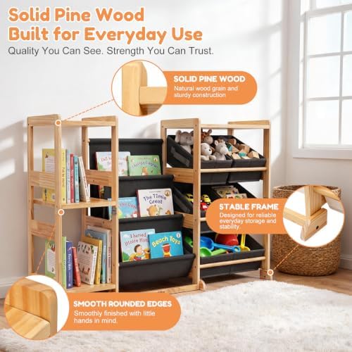 Kids Bookshelf & Toy Storage Organizer with 5 Gray Bins - Image 5