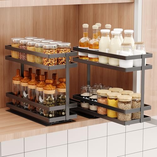 Mustorn 2 Pack Pull Out Spice Rack Organizer for Cabinet, 2 Tier Metal Slide Out Seasoning Organizer and Storage Heavy Duty Vertical Spice Rack Shelf Pullout for Kitchen Cabinets No Drilling (Black) by MUSTORN