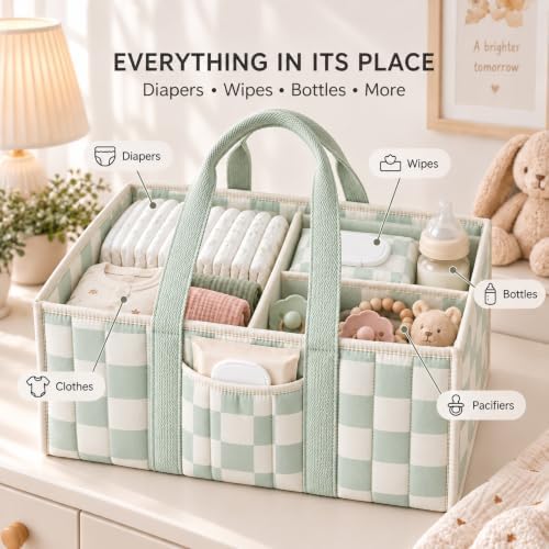 Checkered Diaper Caddy Organizer,Baby Essentials Storage Basket,Green - Image 2