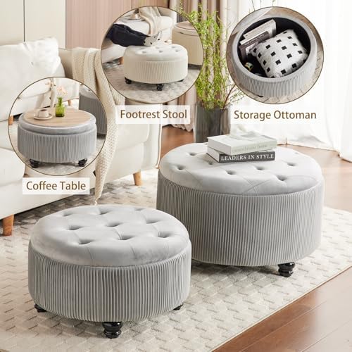 29'' & 24.5'' Round Storage Ottoman Coffee Table Set of 2, Light Gray - Image 5