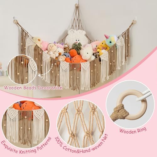 Pretty Jolly Stuffed Animal Hammock with Weaving Tassels and Beads Milk Coffee - Image 2