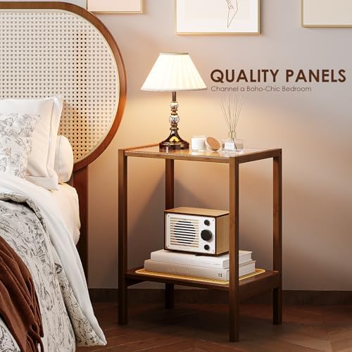 Bamworld Rattan Side Table Boho End Table 2-Tier with Storage Living Room - Image 4
