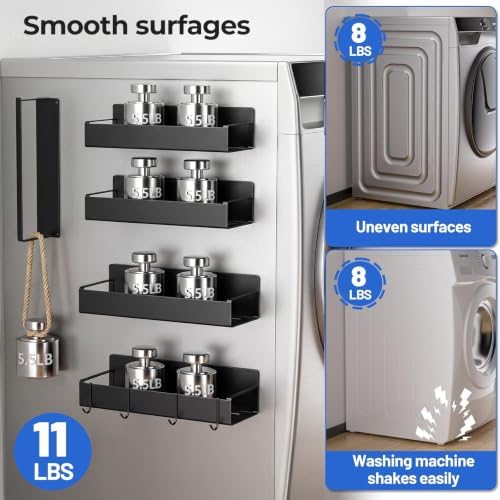 Vetacsion 4 Pack Magnetic Laundry Organizer, Heavy Duty Magnetic Shelf For Washer And Dryer, White, Iron (5‑Pack Magnetic Shelves with Hanger & Hooks) - Image 4
