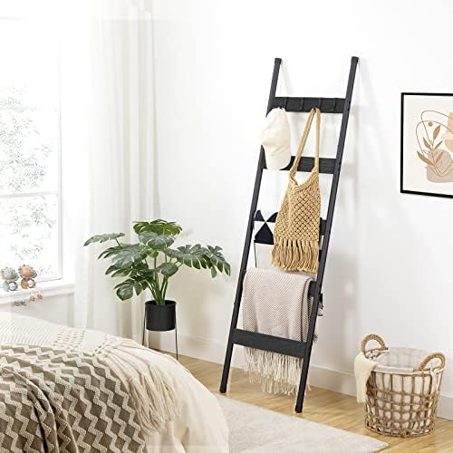 HOOBRO Blanket Ladder, 5-Tier Towel Rack with Hooks, Wall-Leaning Blanket Rack, Decorative Display Ladder Shelf, Scarves, Industrial, Living Room, Bedroom, Black BB52CJ01 - Image 4