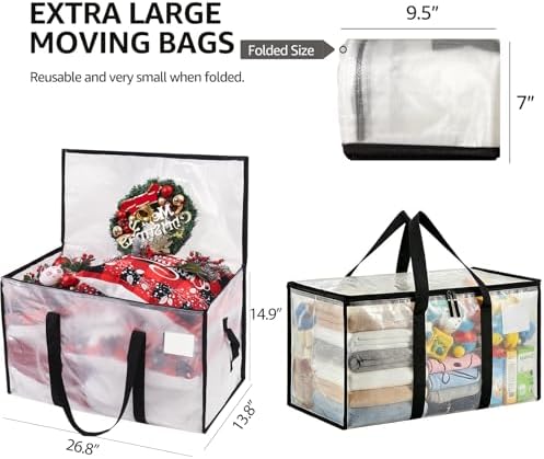 Moving Bags Heavy Duty Extra Large, Alternative for Moving Boxes & Moving Supplies,Clear Storage Bins with Lids, Plastic Packing Tote, Storage Bags for Clothes with Handles & Zippers(Clear, 6 Pack) - Image 3