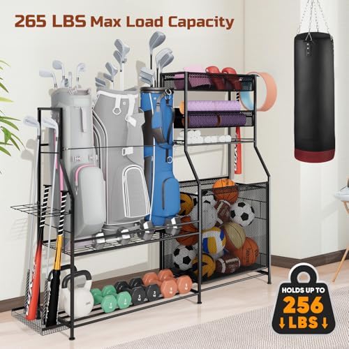 Garage Sports Equipment Organizer,3 Golf Bags Storage Stand,Heavy-Duty Ball Storage Rack with Basket and Hooks,Space-Saving Design for Toy Sports Gear Storage Indoor/Outdoor Use - Image 6