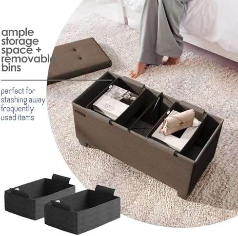 Storage Ottoman Bench with Bins, 30-in Storage Bench for Bedroom End of Bed, Folding Foot Rest Ottoman for Living Room Max 660lbs, Fabric Ottomans, Brown - Image 3