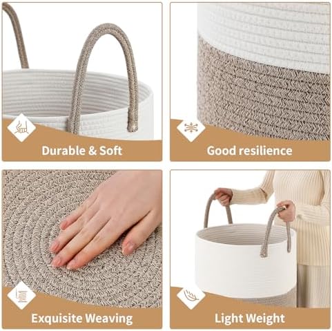 Laundry Basket Hamper Tall Rope Storage Woven for Blanket Toys Dirty Clothes in Living Room Bathroom Bedroom White & Brown 60L/15.8Gal - Image 5