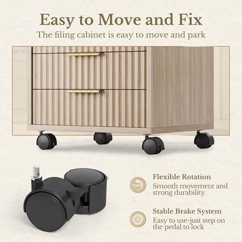 5 Drawer Chest, Under Desk Storage Wood Drawers with Wheels, Fluted File Cabinet for Home Office, Light Oak - Image 5