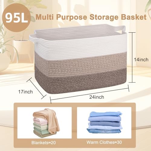 OIAHOMY Extra Large Blanket Basket, 95L Cotton Rope Woven Laundry Basket, Toy Bin for Baby Room, Container for Blanket Storage in Living Room, 24''×17''×14'', Gradient Brown - Image 4