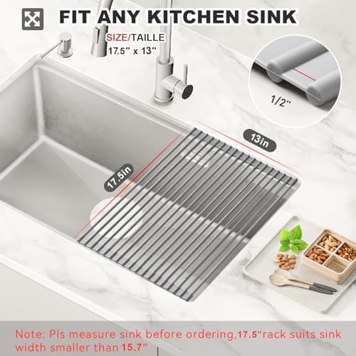 MERRYBOX Roll Up Dish Drying Rack, Over The Sink Dish Rack Foldable, Heat-Resistant, Anti-Slip Silicone Coated Steel Dish Drainer for Kitchen Sink, Multipurpose Roll Up Sink Drying Rack, 17.5" x 13" - Image 2