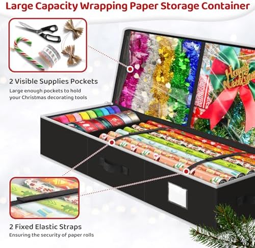 BlessedSeason Wrapping Paper Storage Organizer for 40 Inch Christmas Gifts Wrapping Paper, 2 Visible Supplies Pockets for Holiday Accessories, Christmas Decoration Storage Containers, Black - Image 4