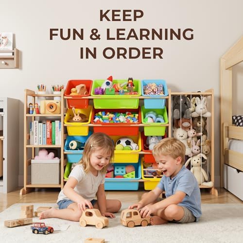 Toy Storage Organizer with Bookshelf and Stuffed Animal Storage - Kids Playroom Organization with 3 Shelves and 12 Bins - Toddler Living Room Toy Box for Collections - Nursery Bedroom Decor Essential - Image 2