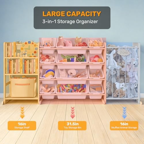 65" Large Toy Storage Organizer with Bins Shelves & Stuffed Animal Storage for Kids Wood Toddler Playroom Organization with Bookshelf Toys Box Wooden Organizers for Kids Room Nursery Bedroom - Image 3